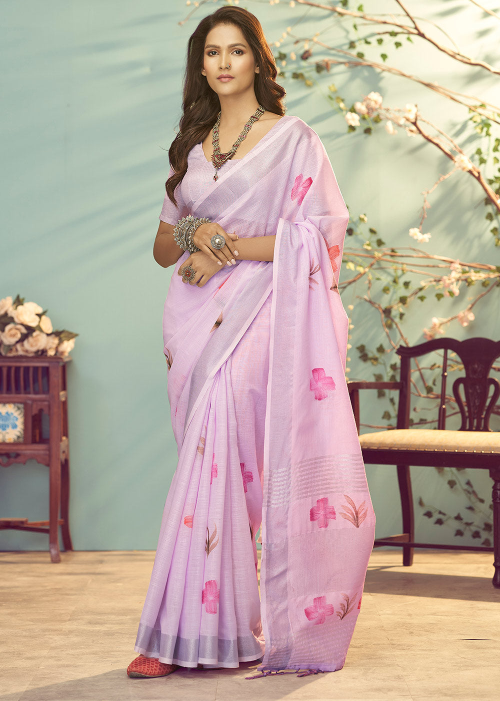 Lily Purple Soft Linen Silk Floral Printed Saree