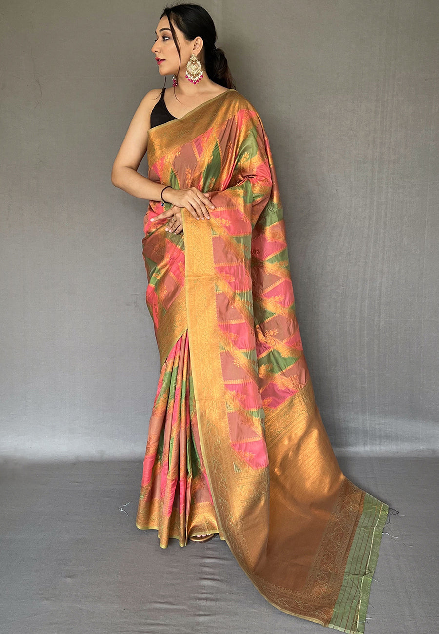 Japonica Pink Copper Zari Woven Organza Saree