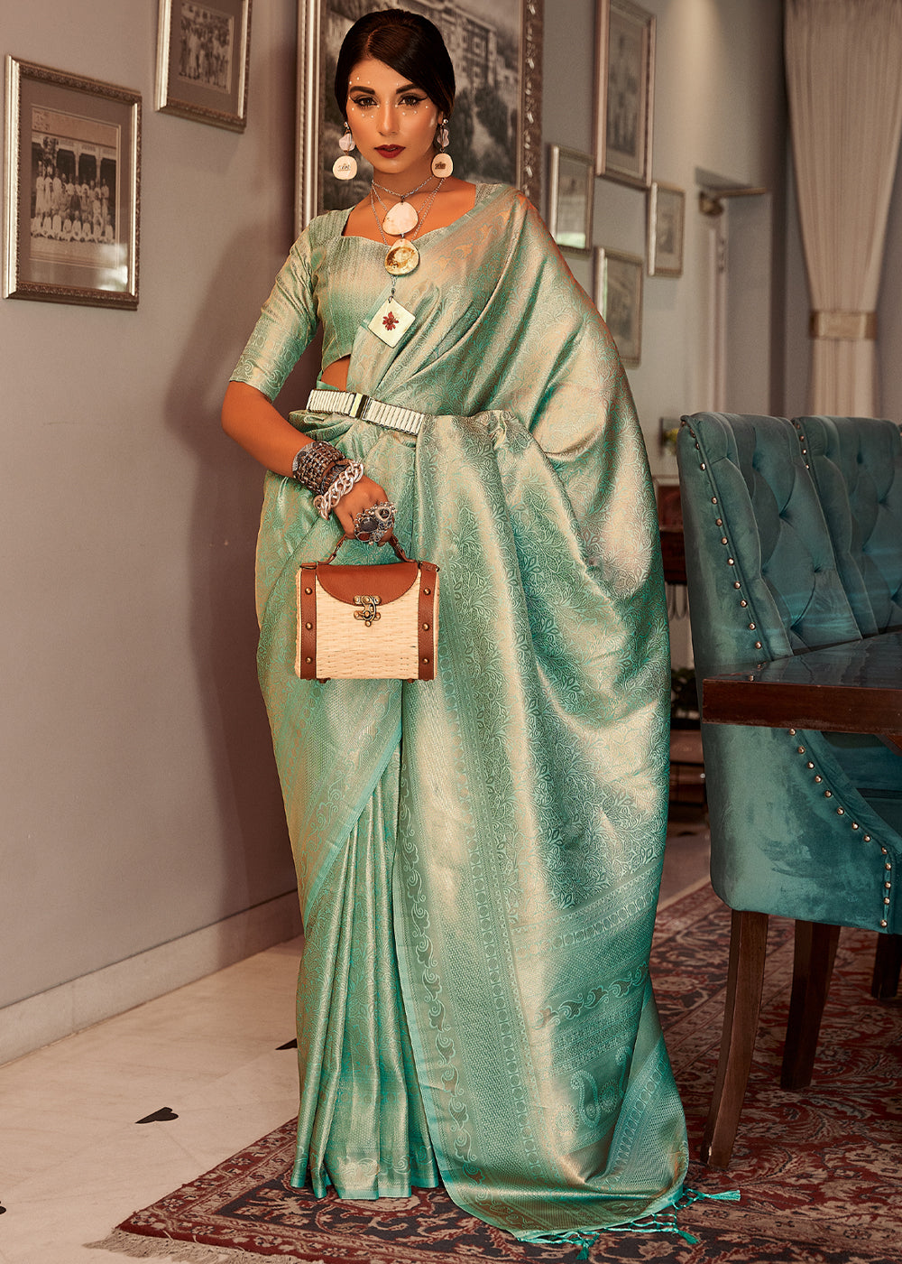 Finch Green Woven Kanjivaram Silk Saree