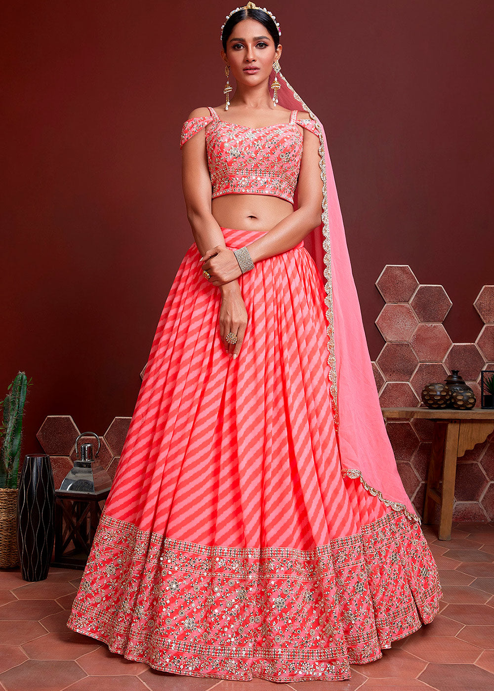 Froly Pink Lehariya Printed Organza Silk Lehenga Choli