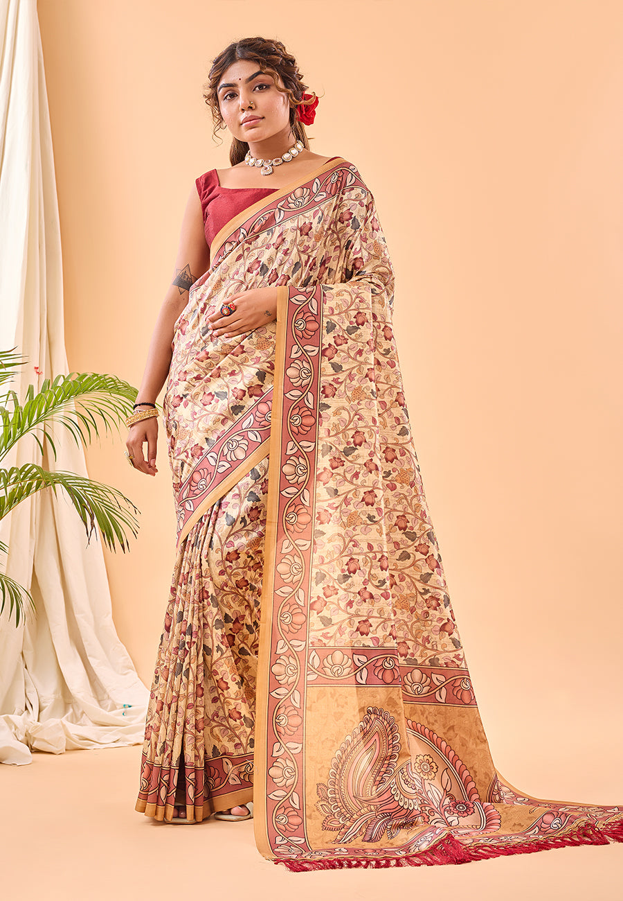 Tacao Yellow Floral Kalamkari Printed Saree