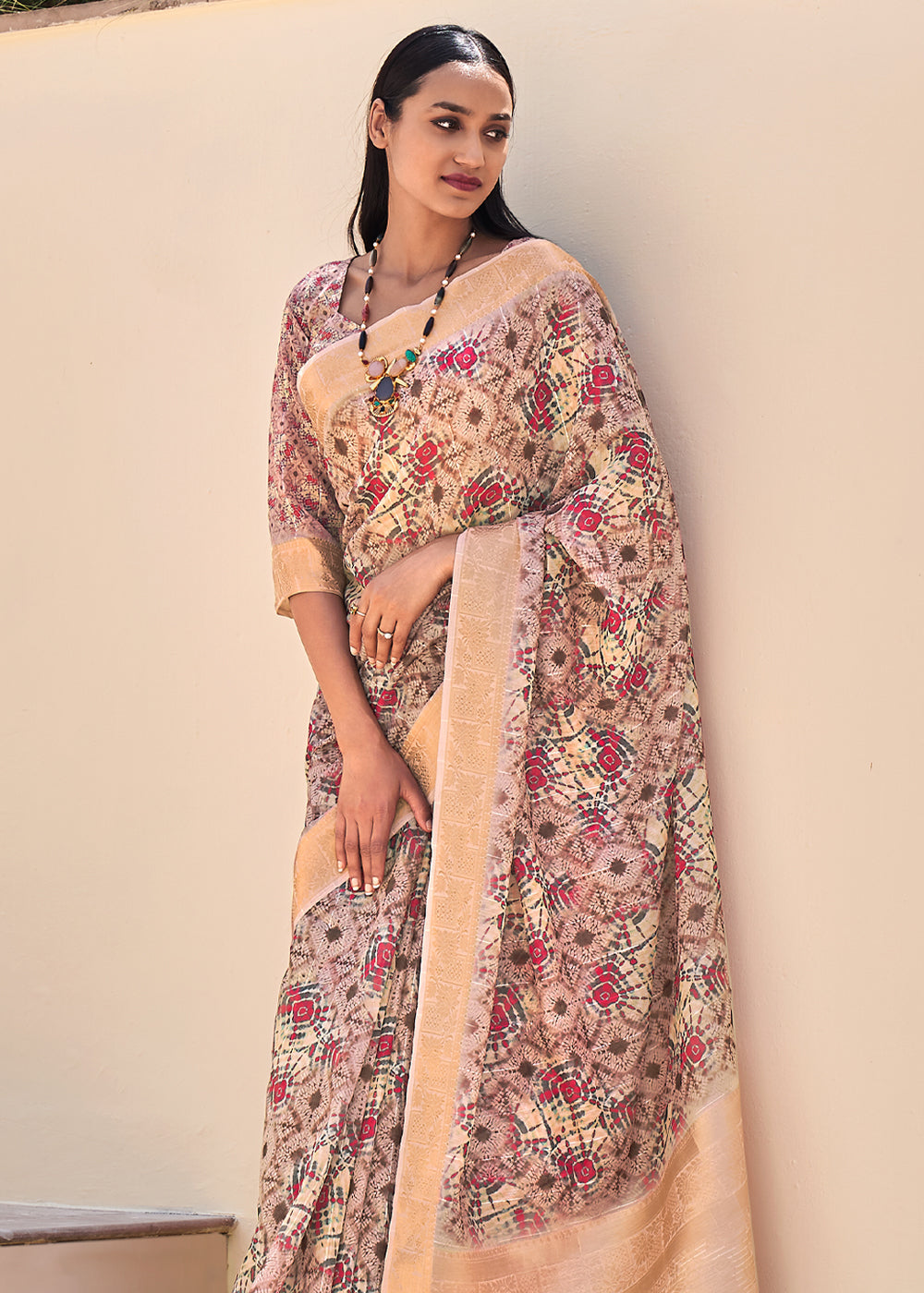 Tan Purple Digital Print Linen Saree