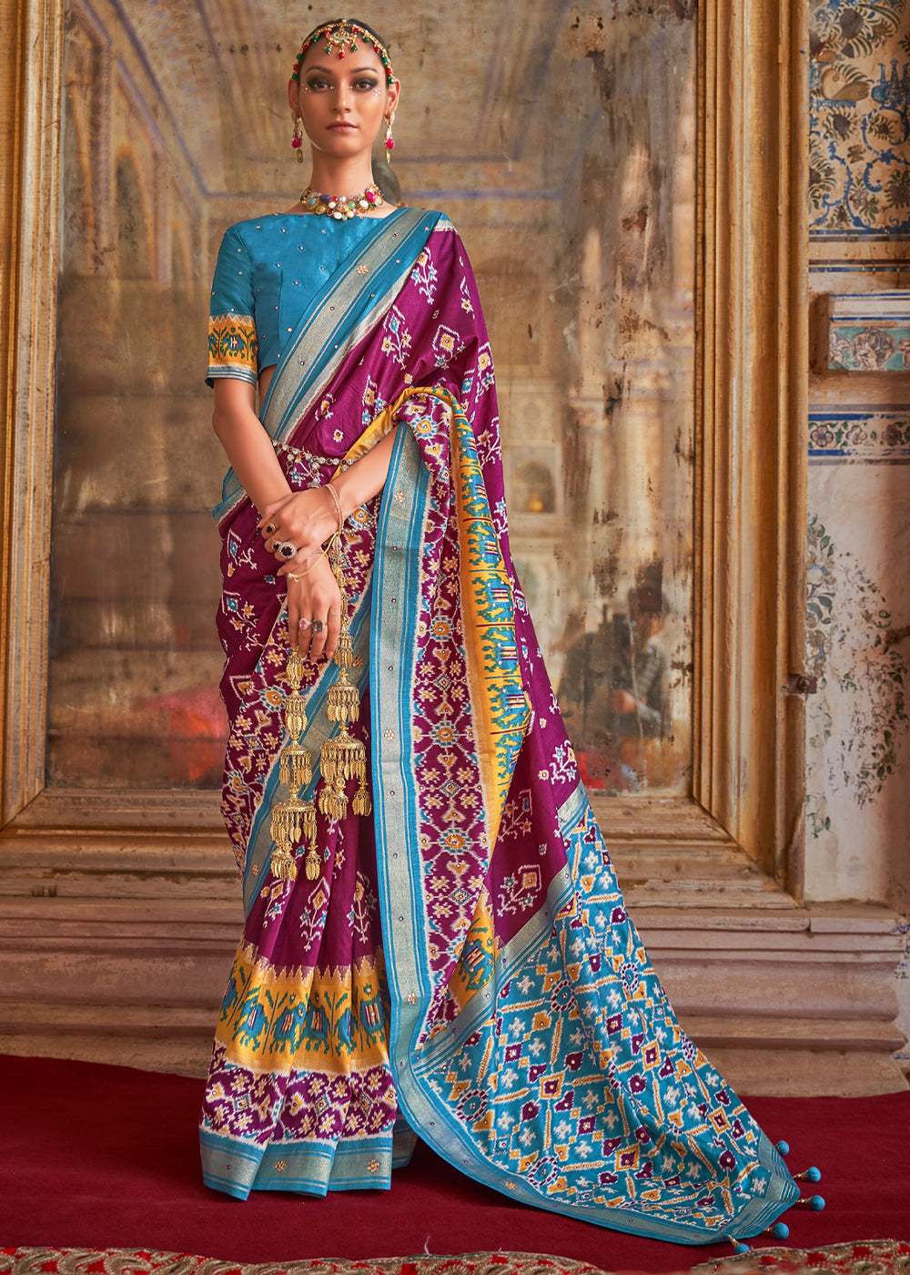 Tawny Port Pueple and Blue Woven Patola Silk Saree