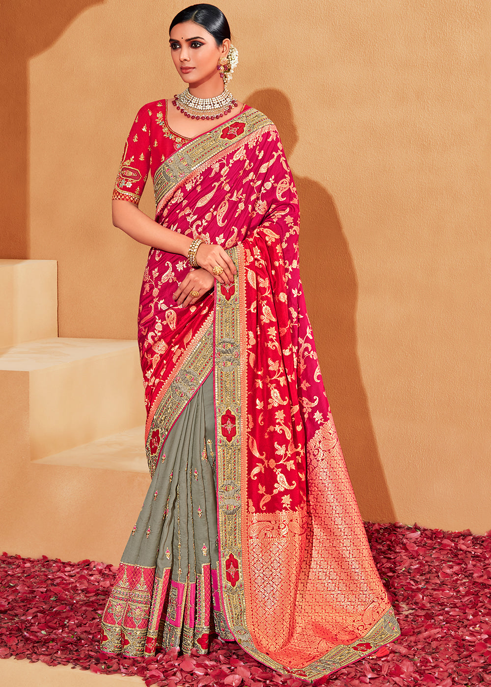 Cinnabar Red and Grey Embroidered Banarasi Silk Saree