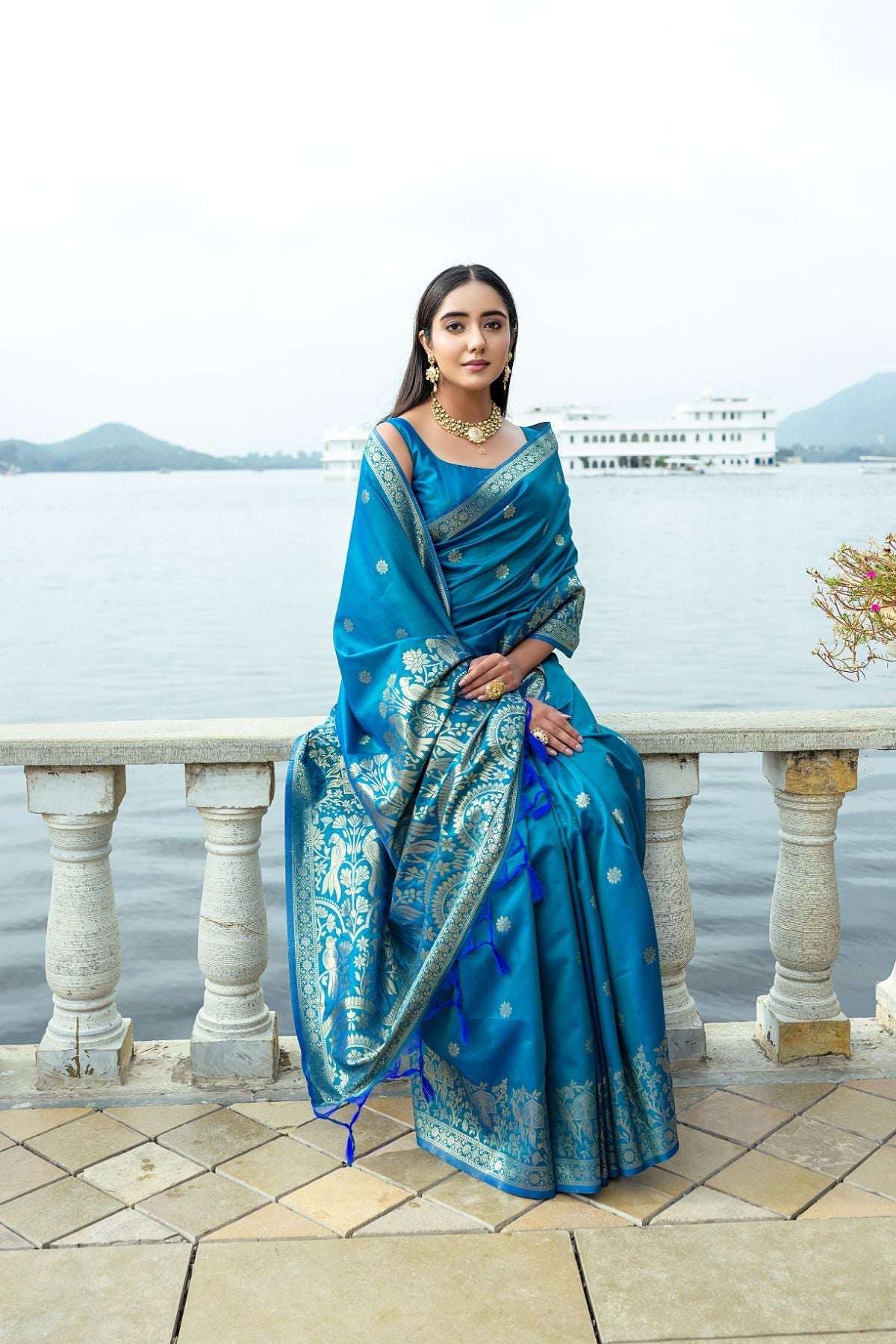 Bahama Blue Banarasi Soft Silk Saree