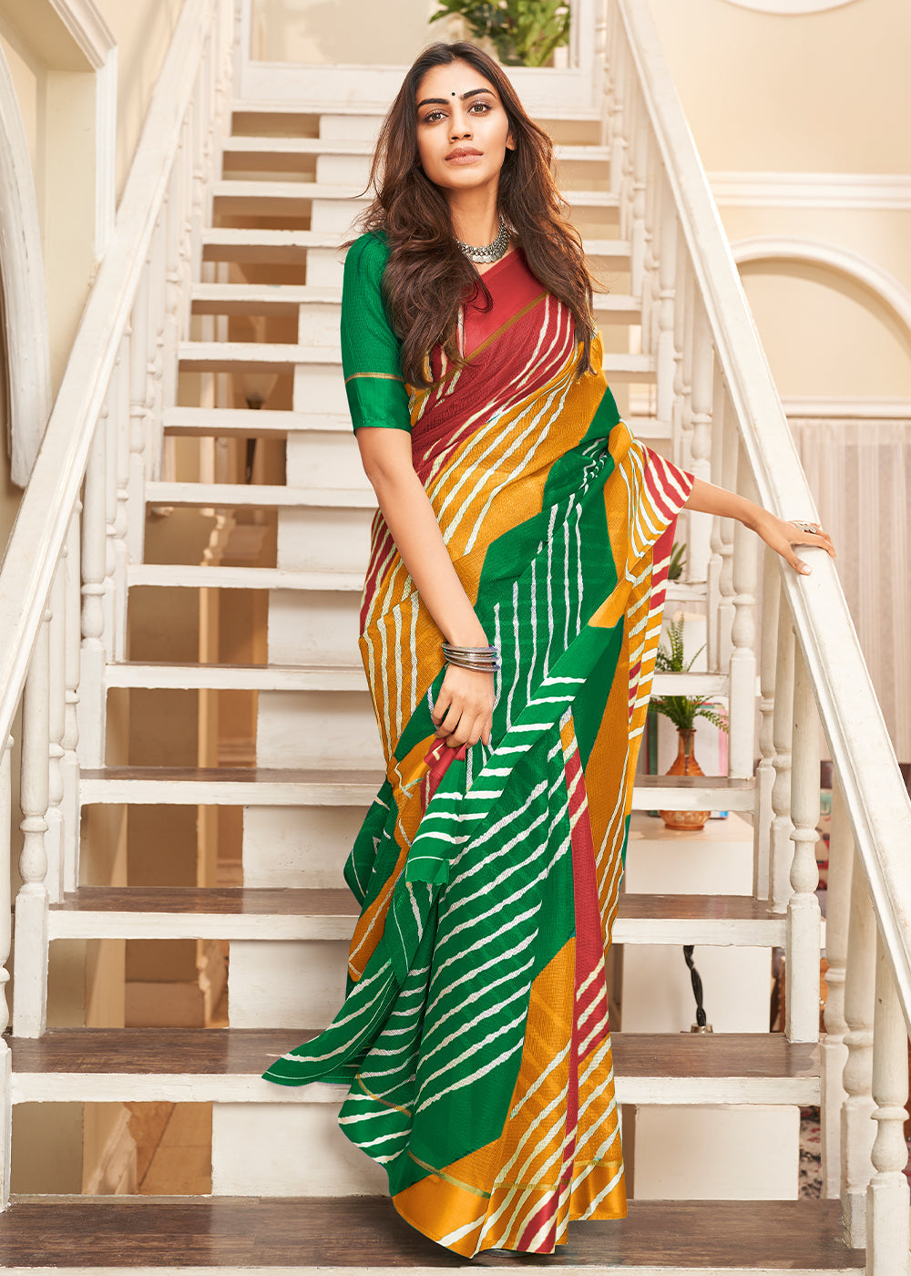 Witch Yellow Green and Red Cotton Saree With Leheriya Print