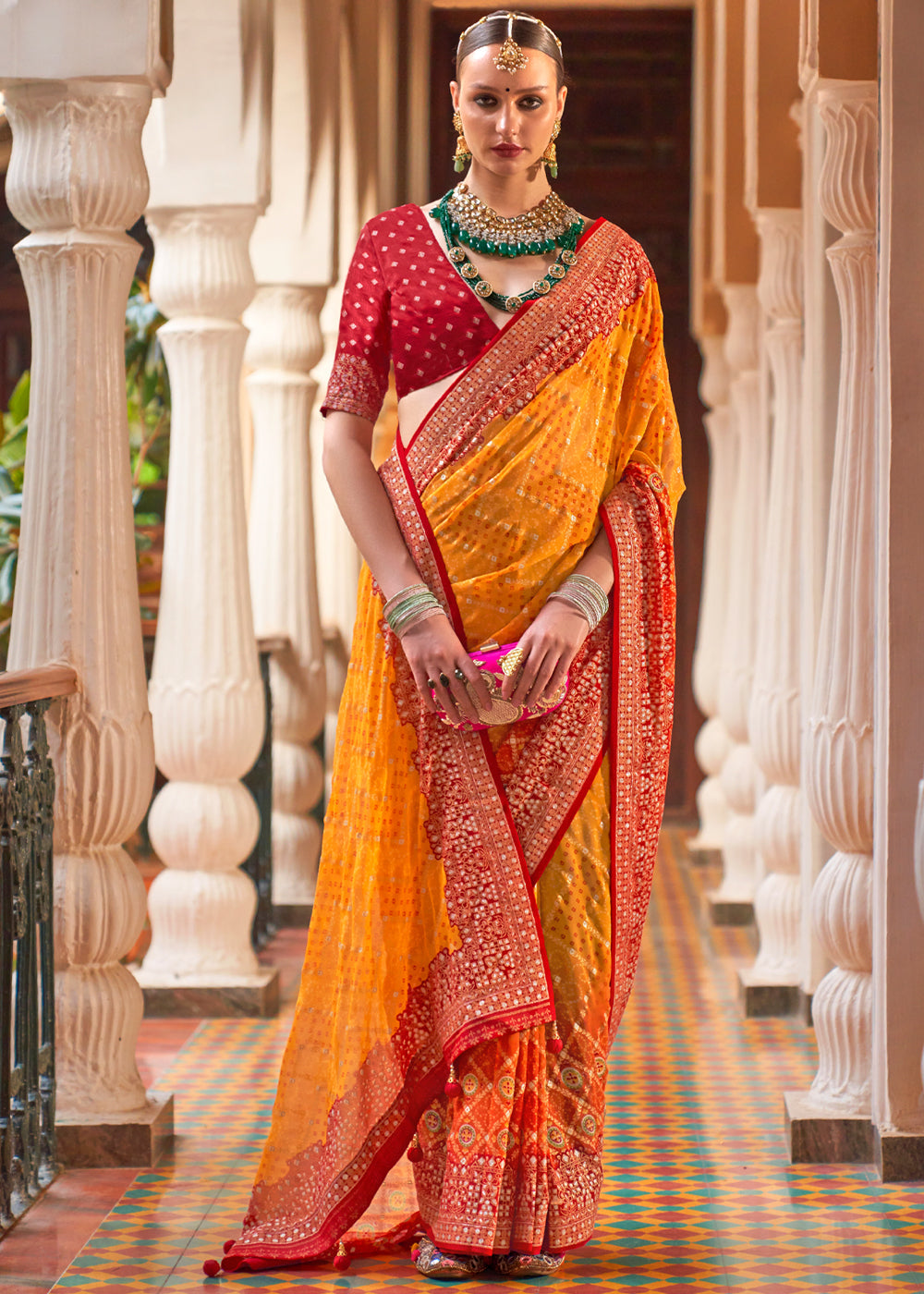 Sunshade Yellow Lehariya Georgette Silk Saree