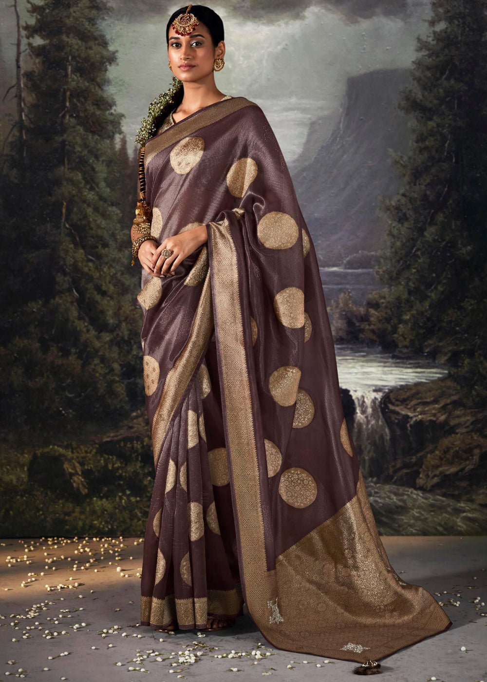 Woody Brown Woven Banarasi Organza Silk Saree