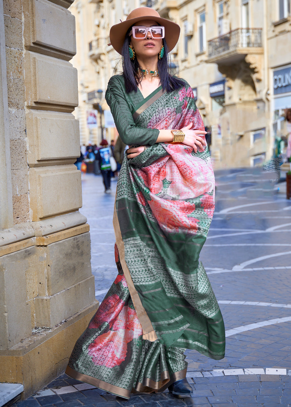 Lotus Pink and Green Printed Handloom Weaving Saree