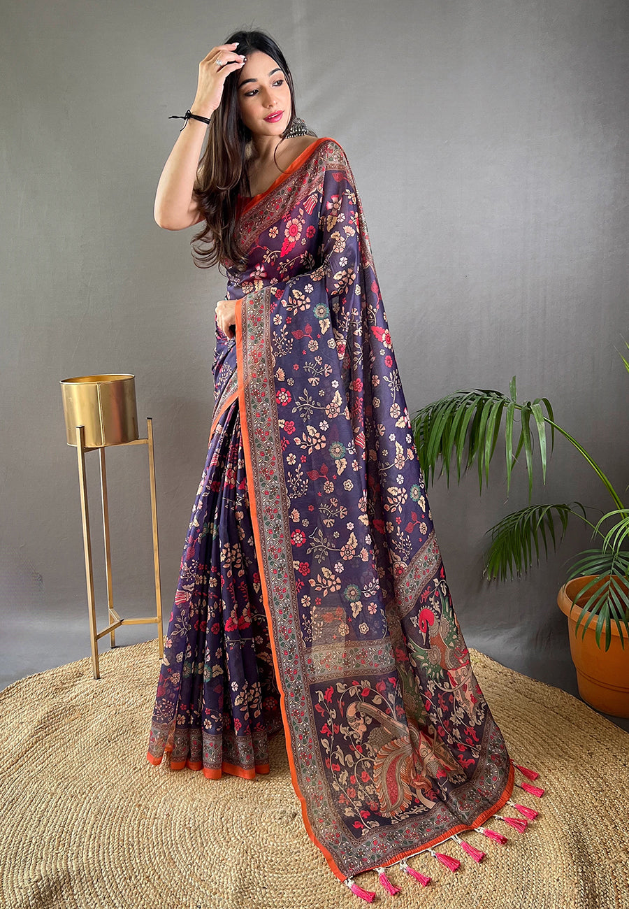 Smoky Blue Cotton Kalamkari Printed Saree