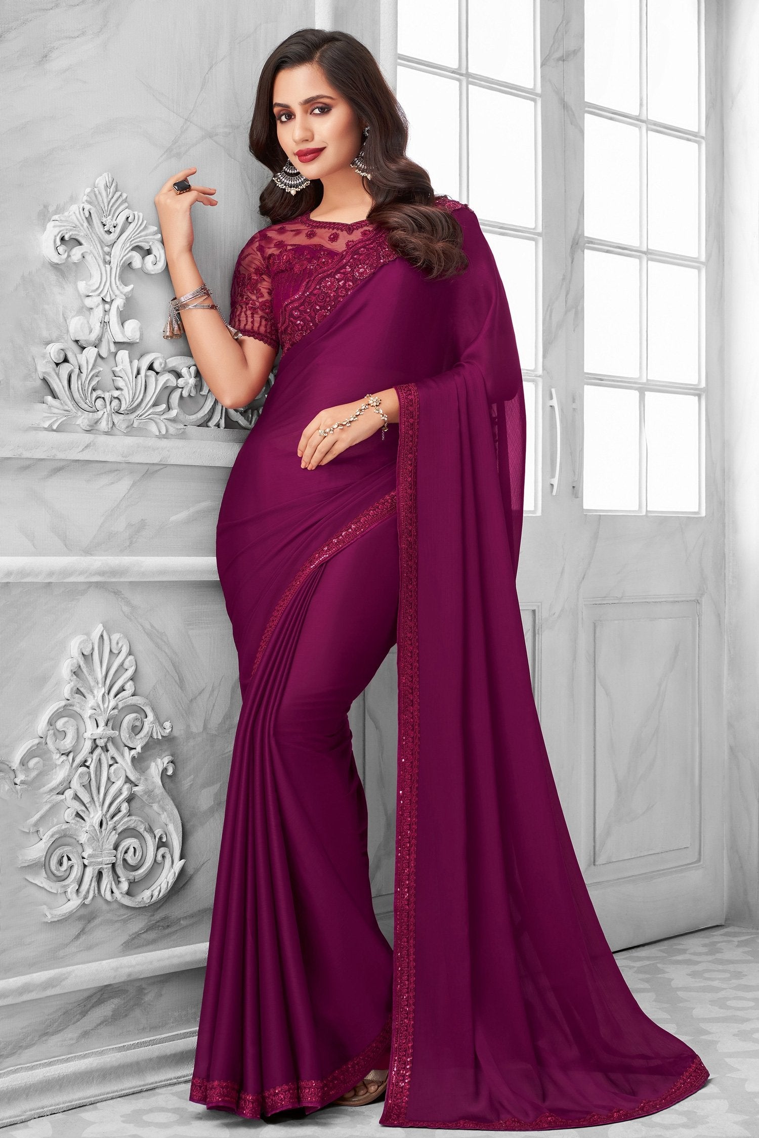 Rose Bud Cherry Two Tone Georgette Designer Silk Saree