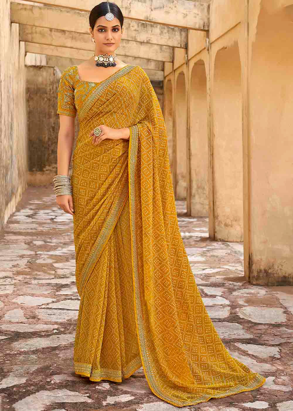 Brandy Punch Orange Georgette Leheriya Printed Saree with Embroidered Blouse