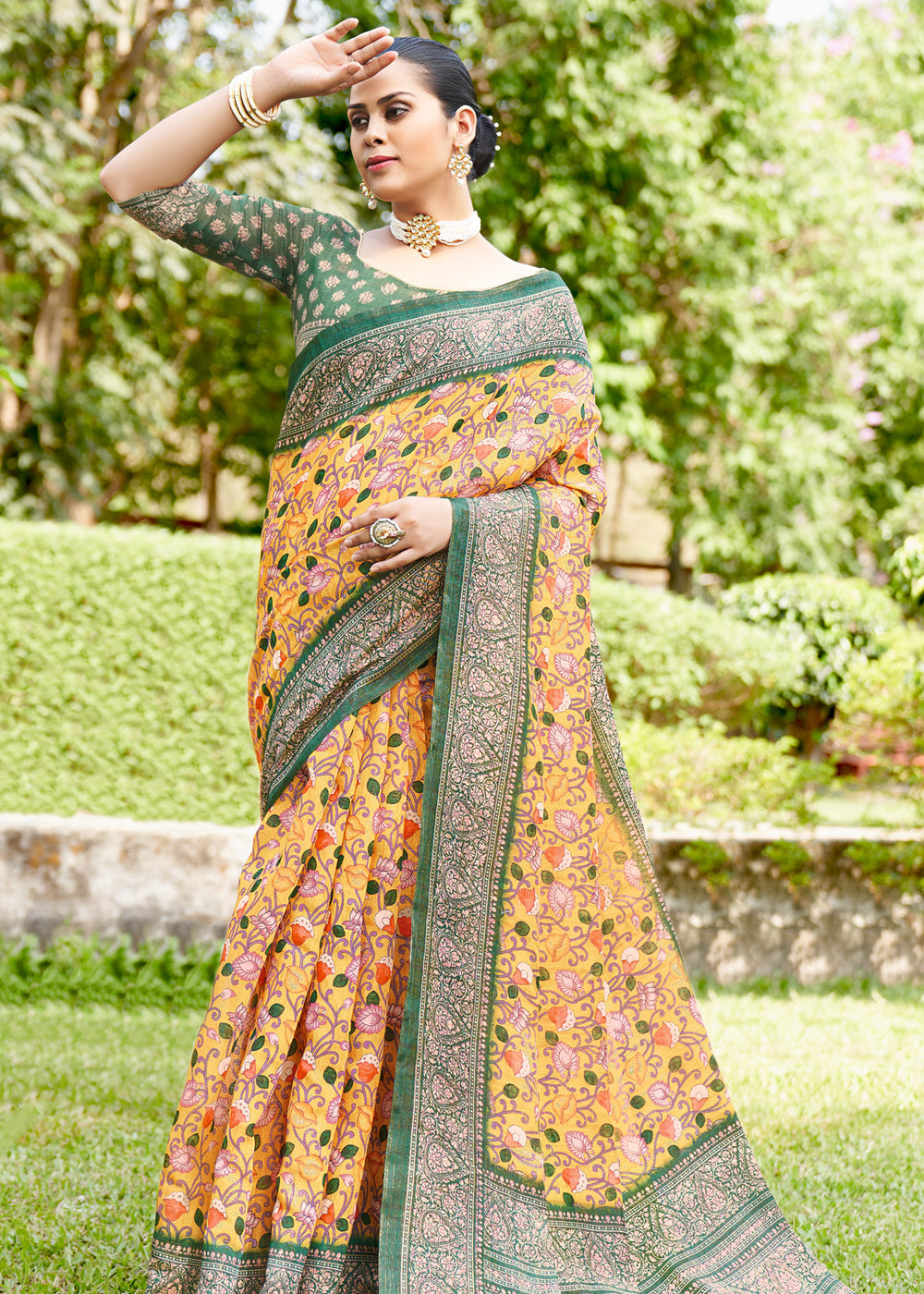 Sunset Yellow Linen Kalamkari Digital Print Saree