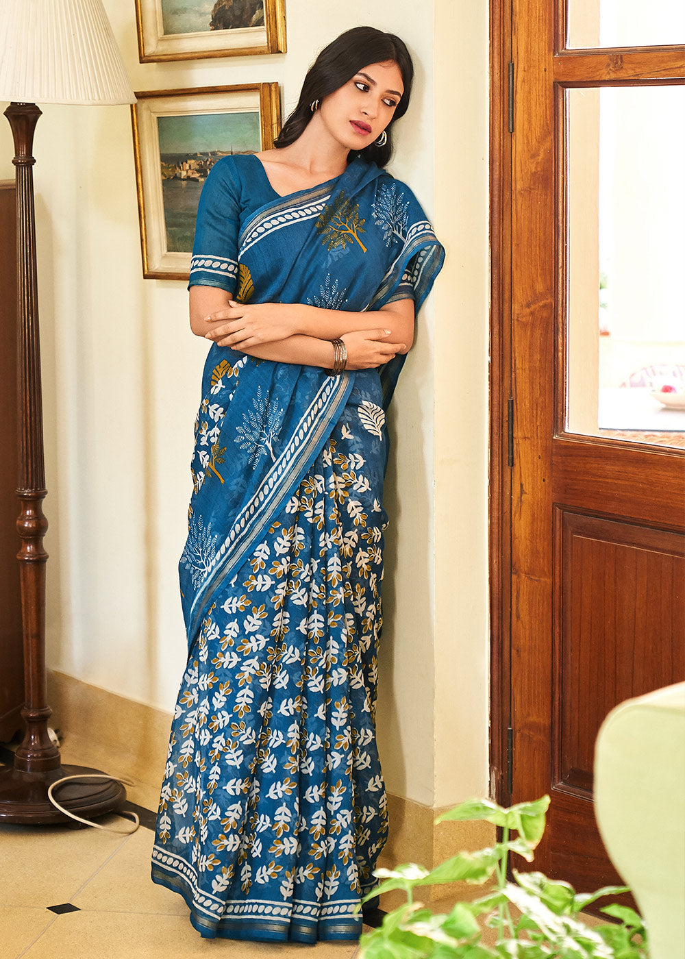 Teal Blue Cotton Linen Batik Printed Saree