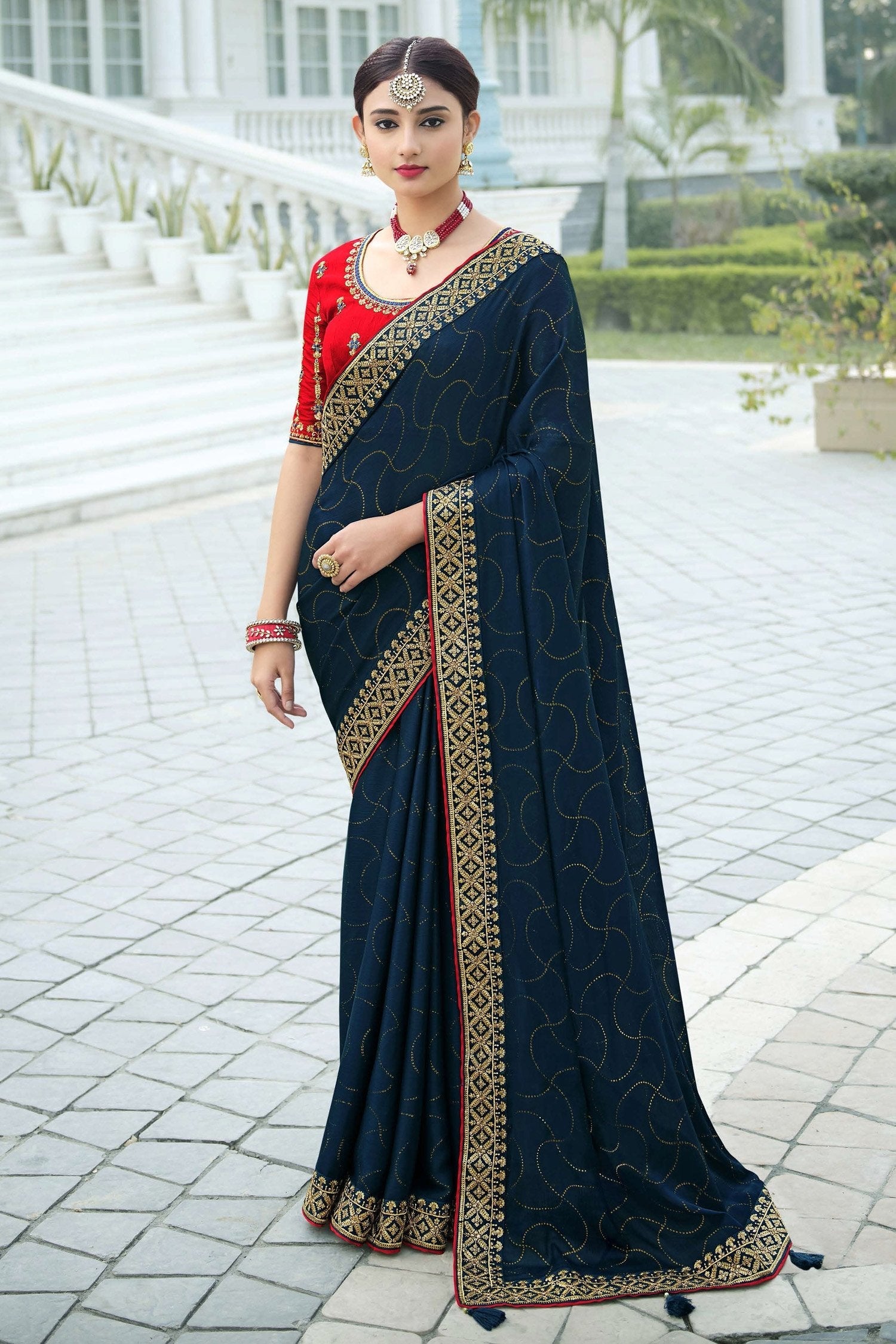 Firefly Blue and Red Chiffon Stone Work Saree