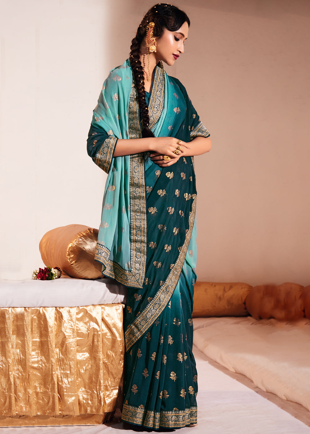 Keppel Blue Woven Georgette Silk Saree