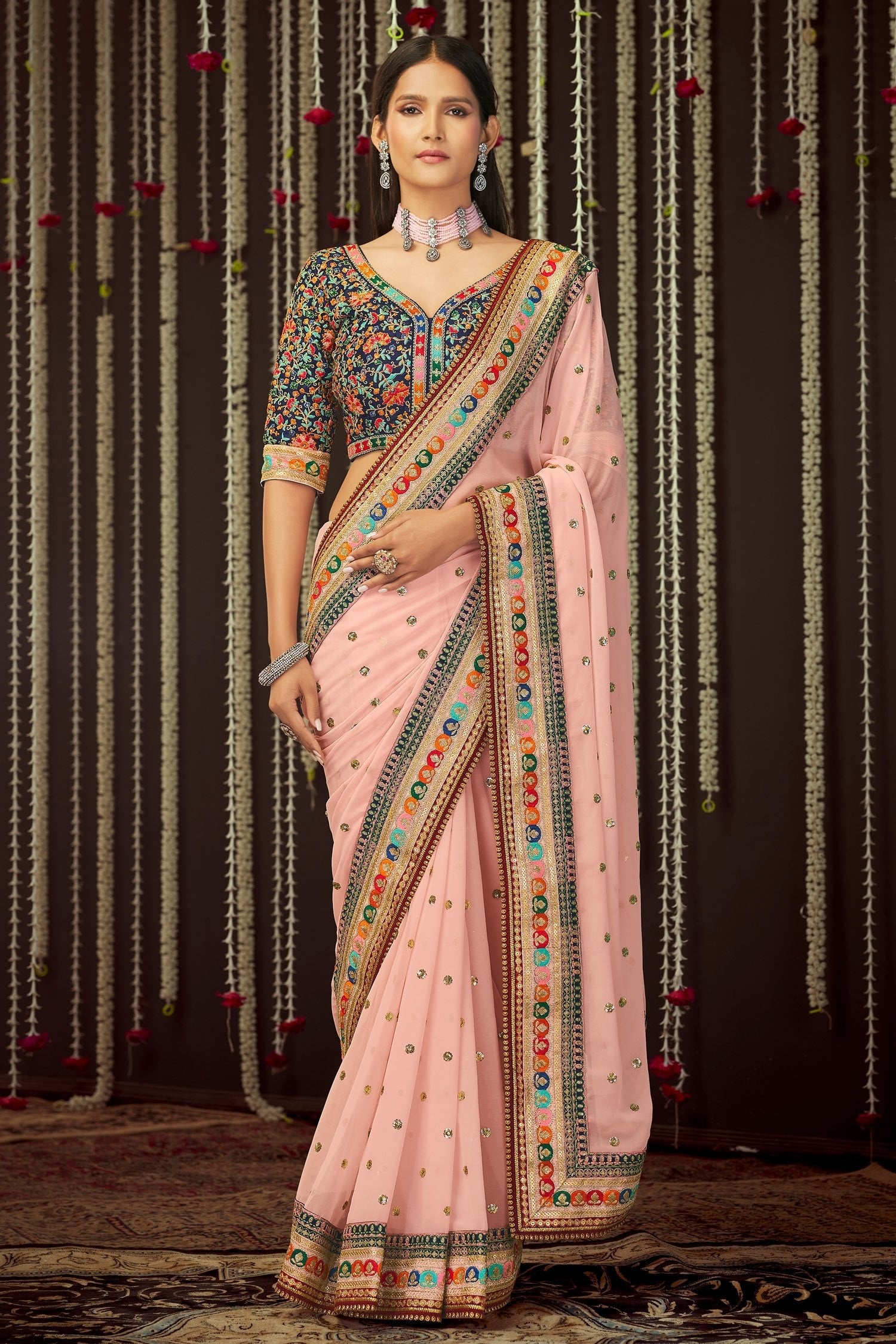 Romantic Pink Georgette Designer Silk Saree