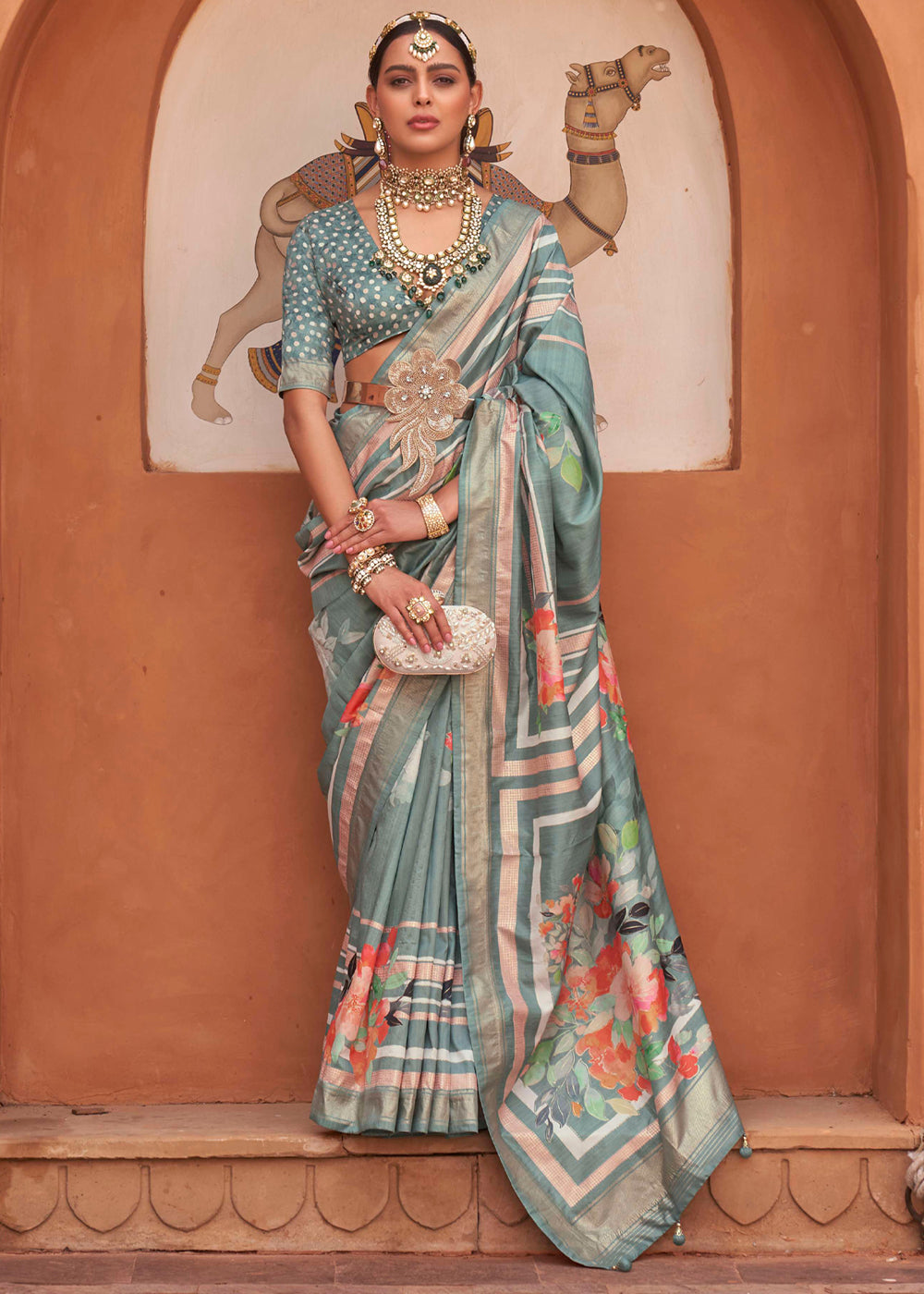 Mantle Green Soft Floral Printed Silk Saree