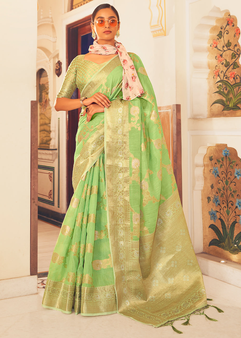 Wild Willow Green Zari Woven Linen Silk Saree