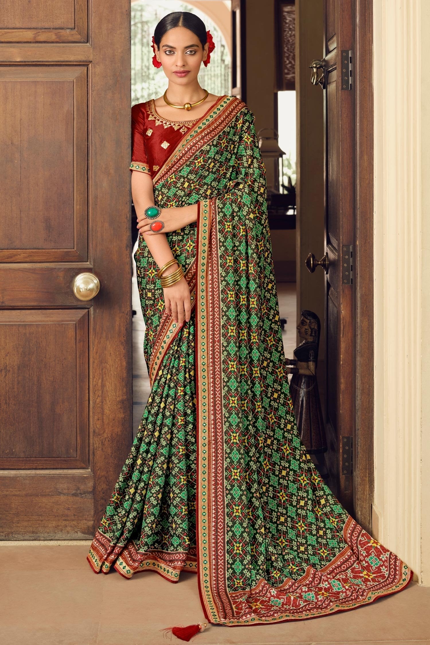 Chalet Green Patola Printed Saree