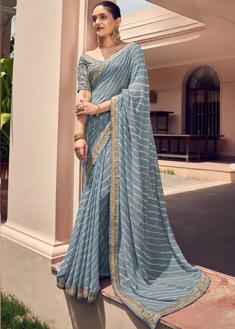 Sirocco Grey Lehriya Print Georgette Saree With Embroidered Blouse