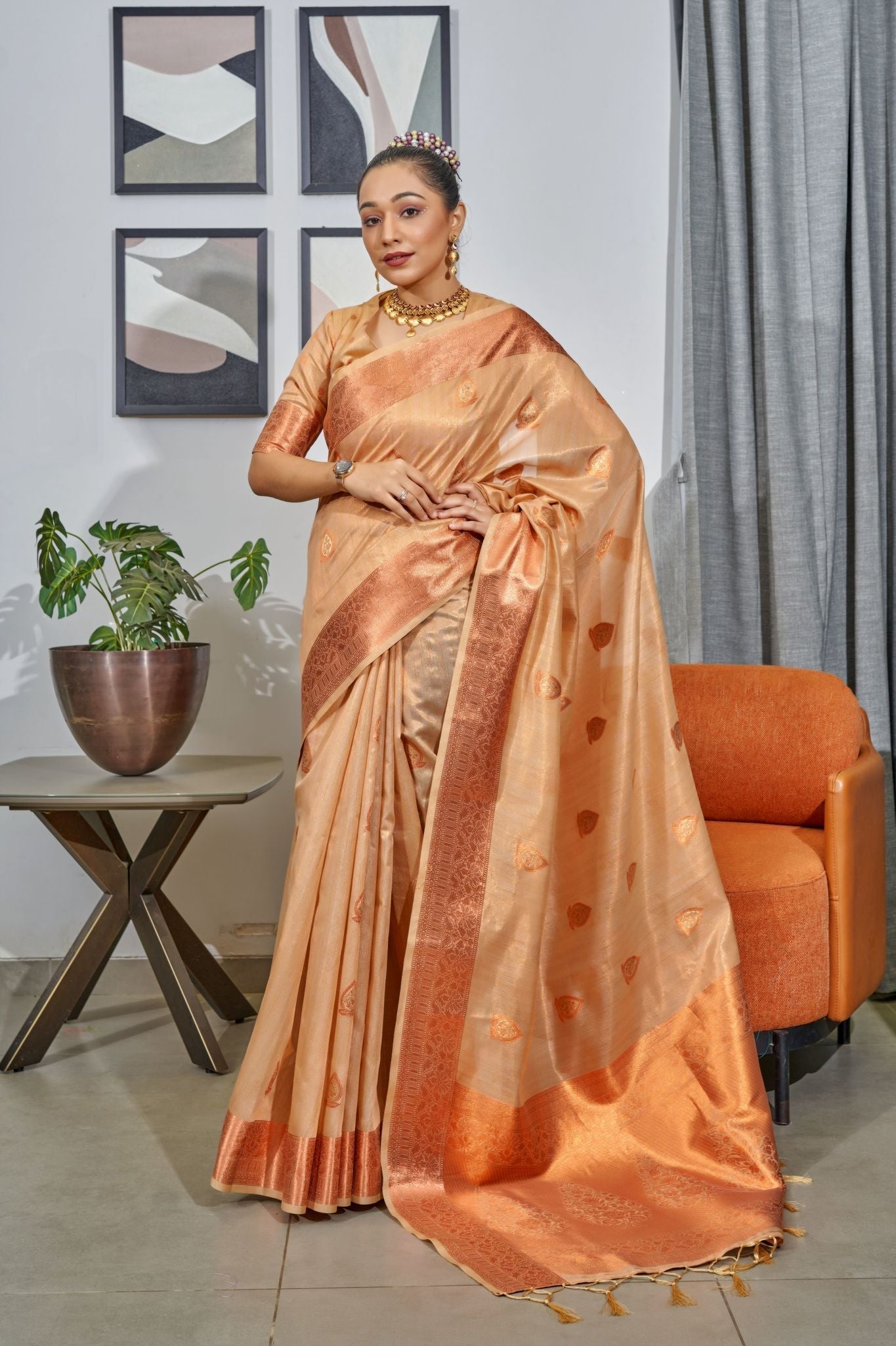 Chocolate Brown Woven Organza Tissue Silk Saree