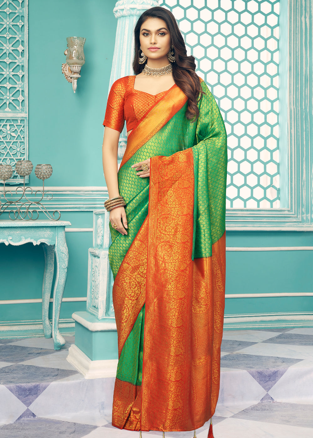 Aqua Forest Green and Red kanjivaram saree