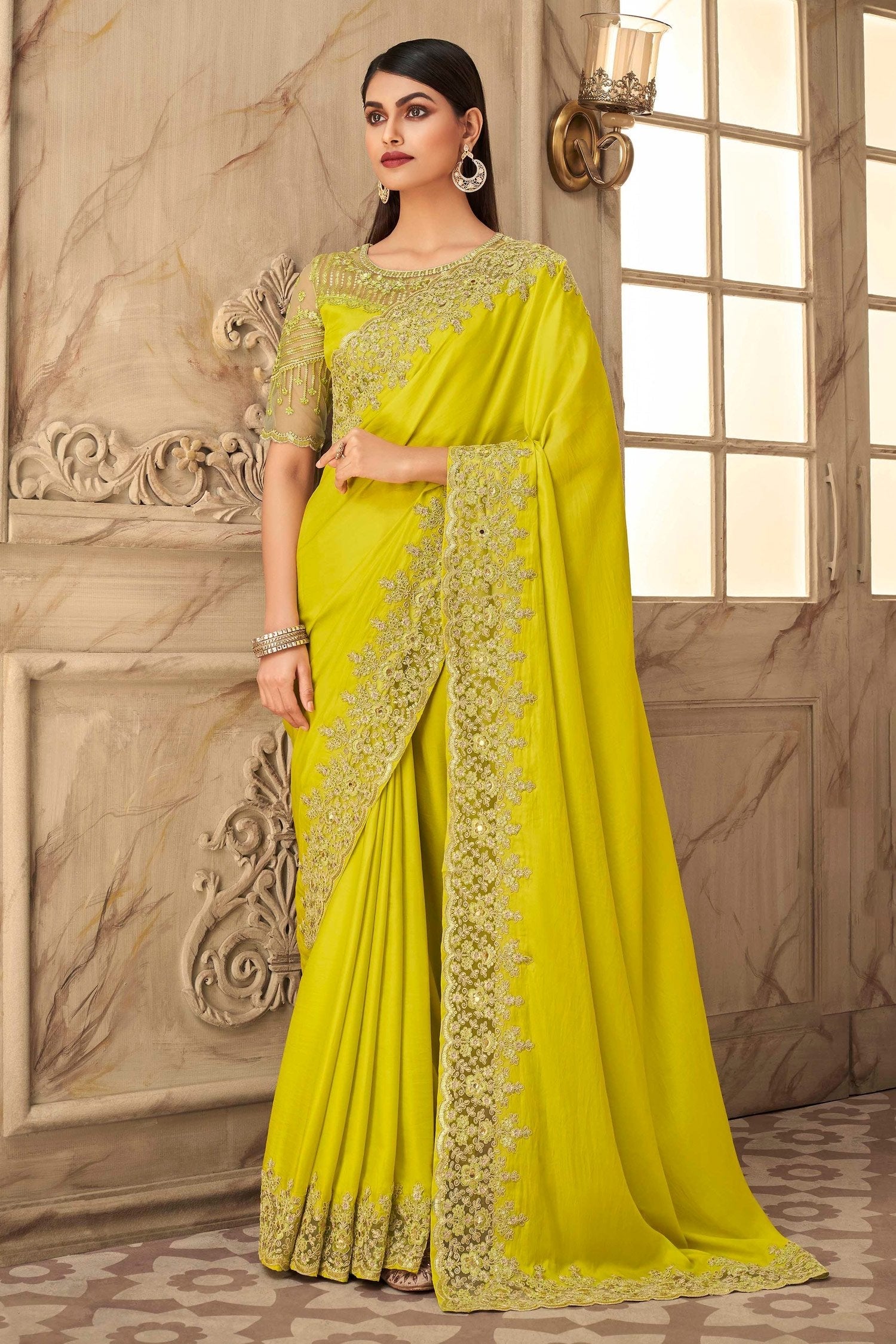 Gold Tips Yellow Designer Silk Saree