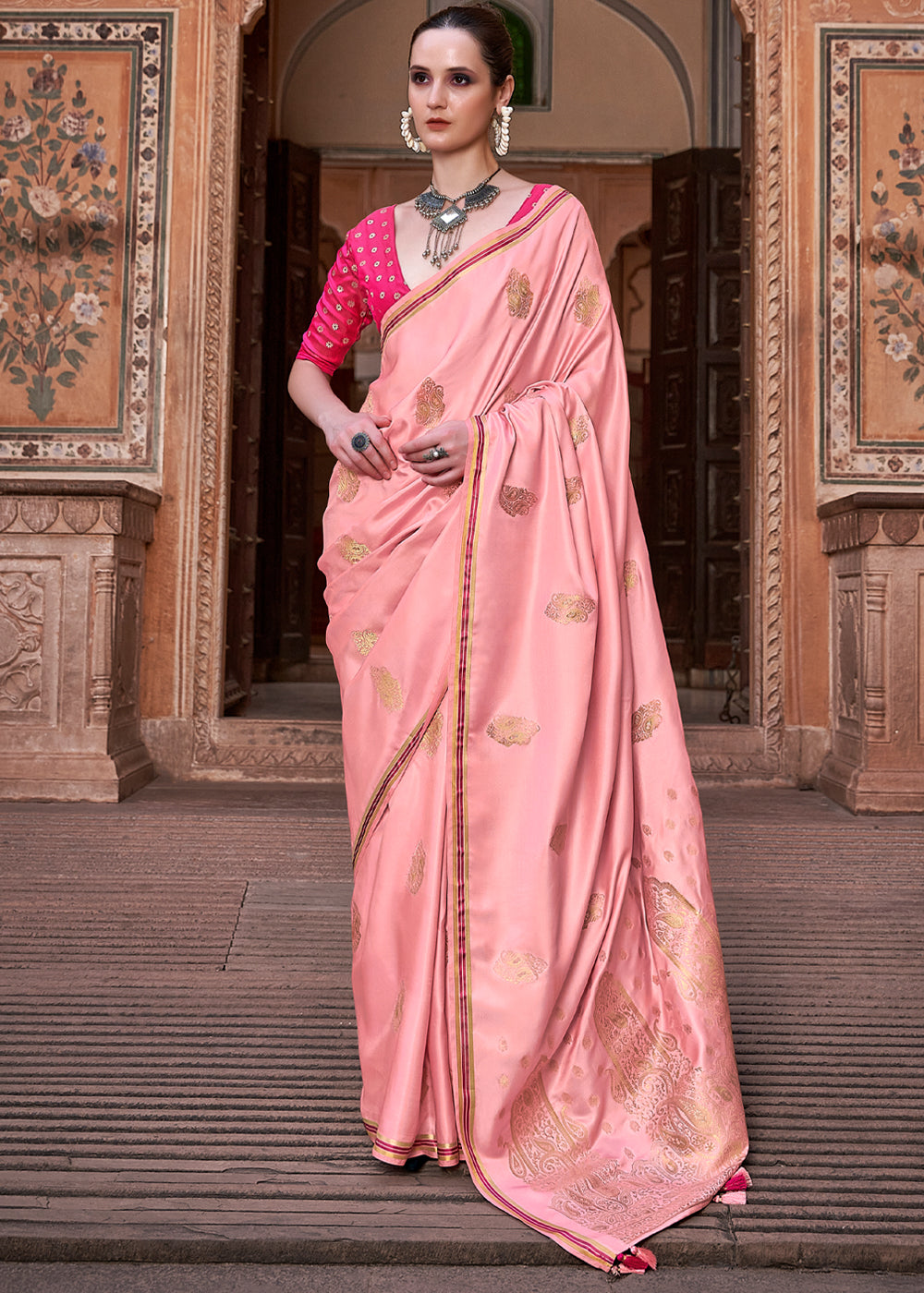 Sea Pink Woven Satin Silk Saree