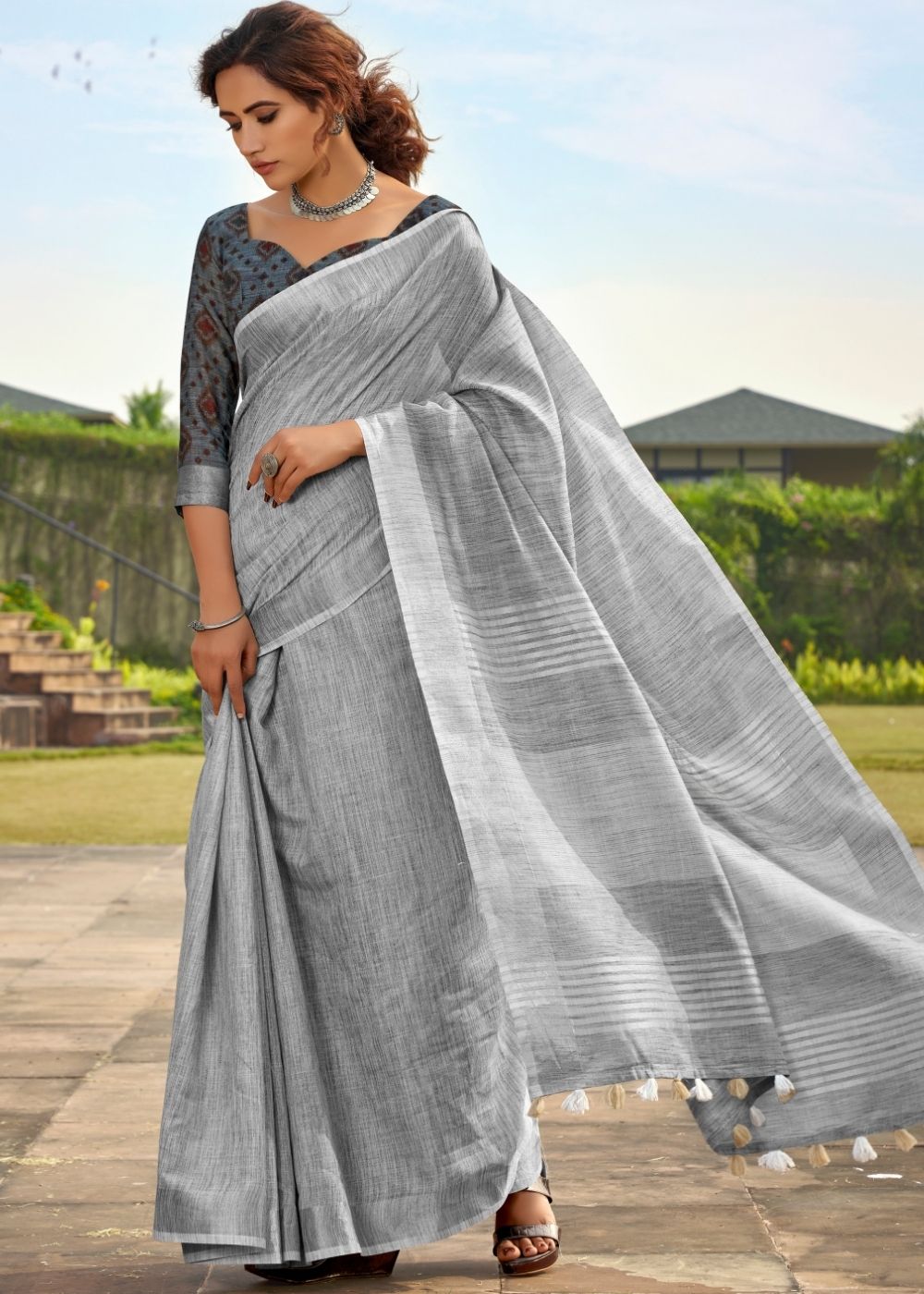 Silver Grey Soft Linen Silk Saree