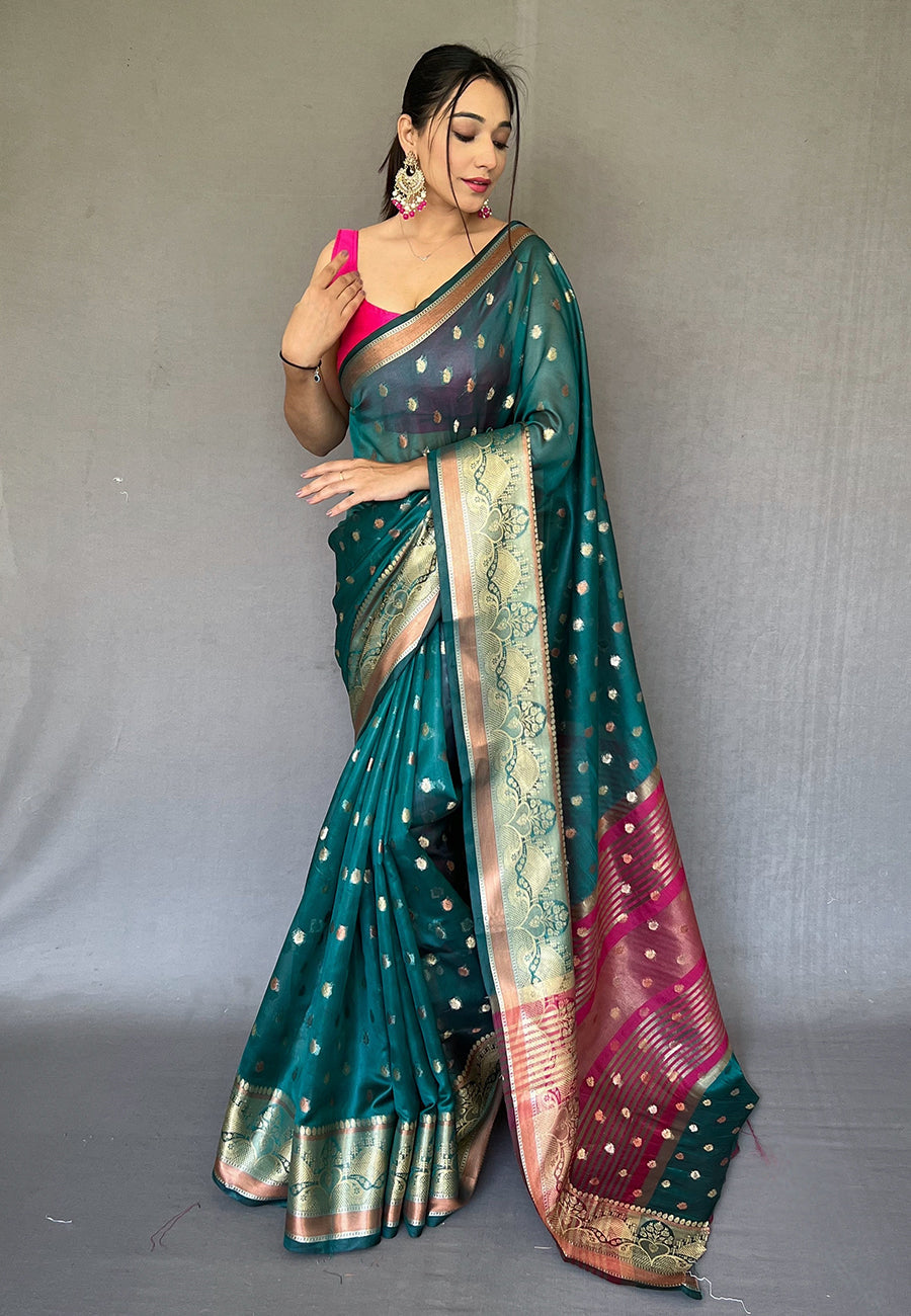 Metallic Green  Zari Woven Organza Silk Saree