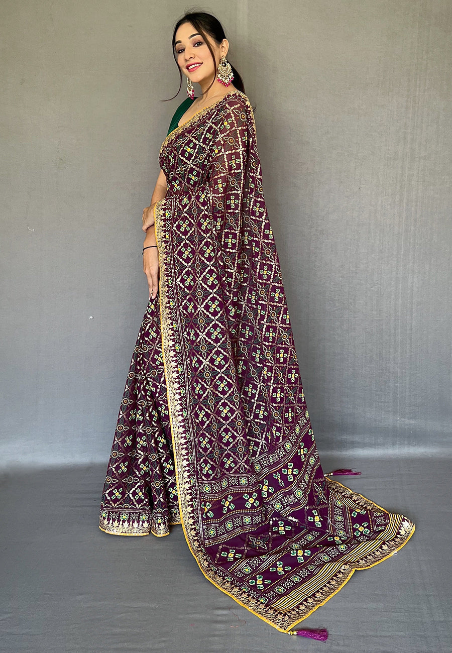 Livid Purple Embroidered Georgette Bandhani Saree