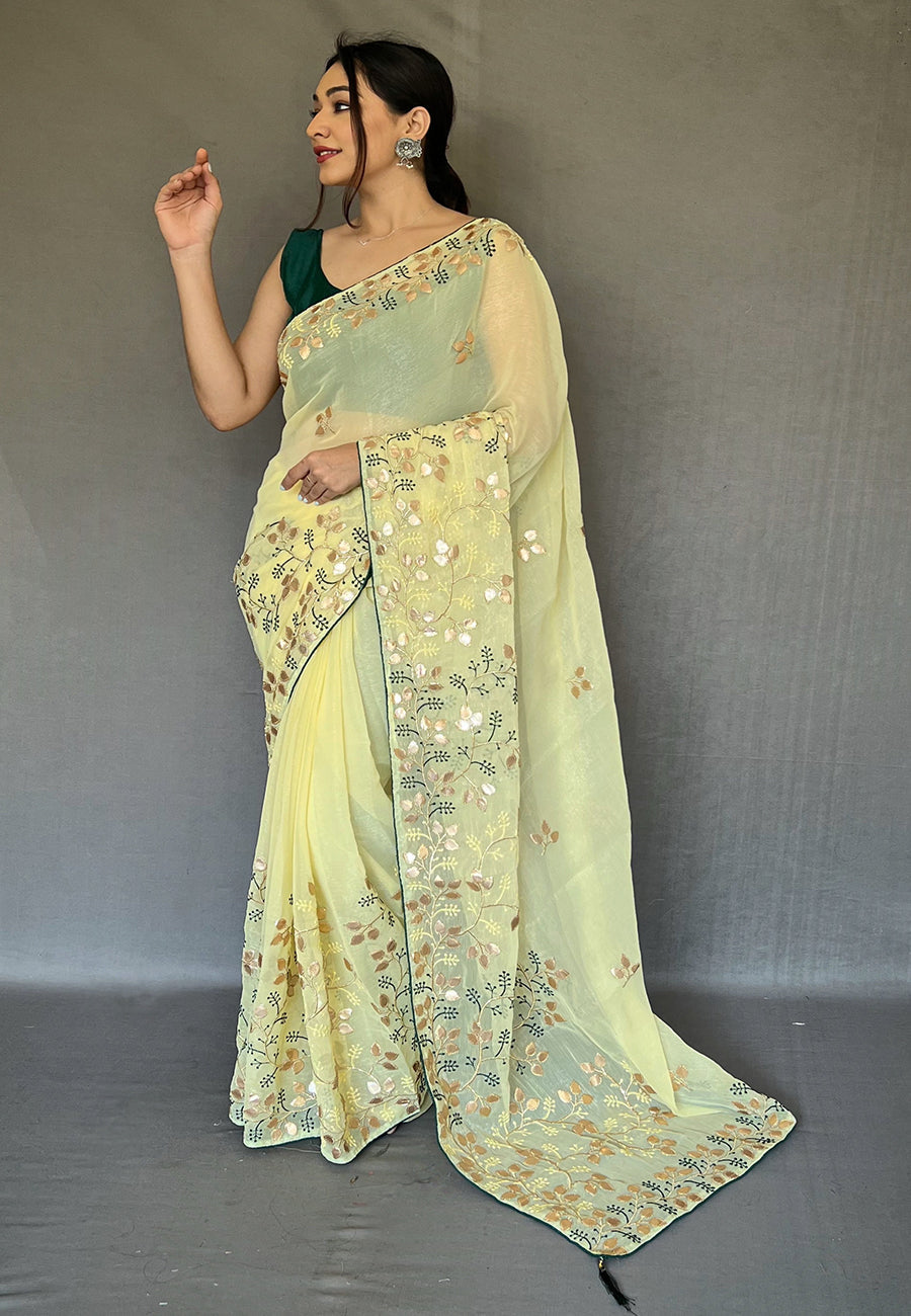 Pale Prim Yellow Embroidered Organza Silk Saree