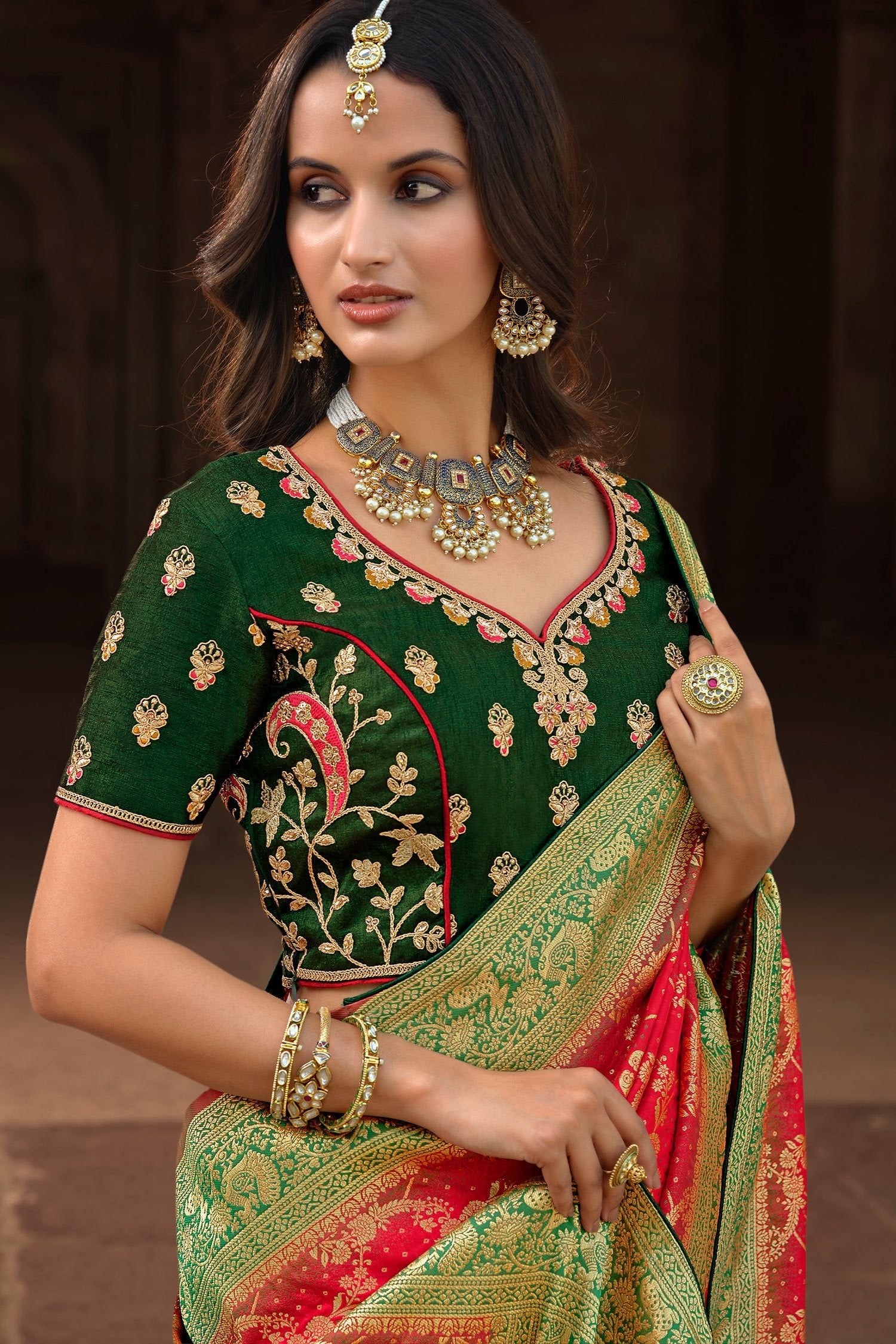 Monza Red and Green Designer Banarasi Woven Silk Saree