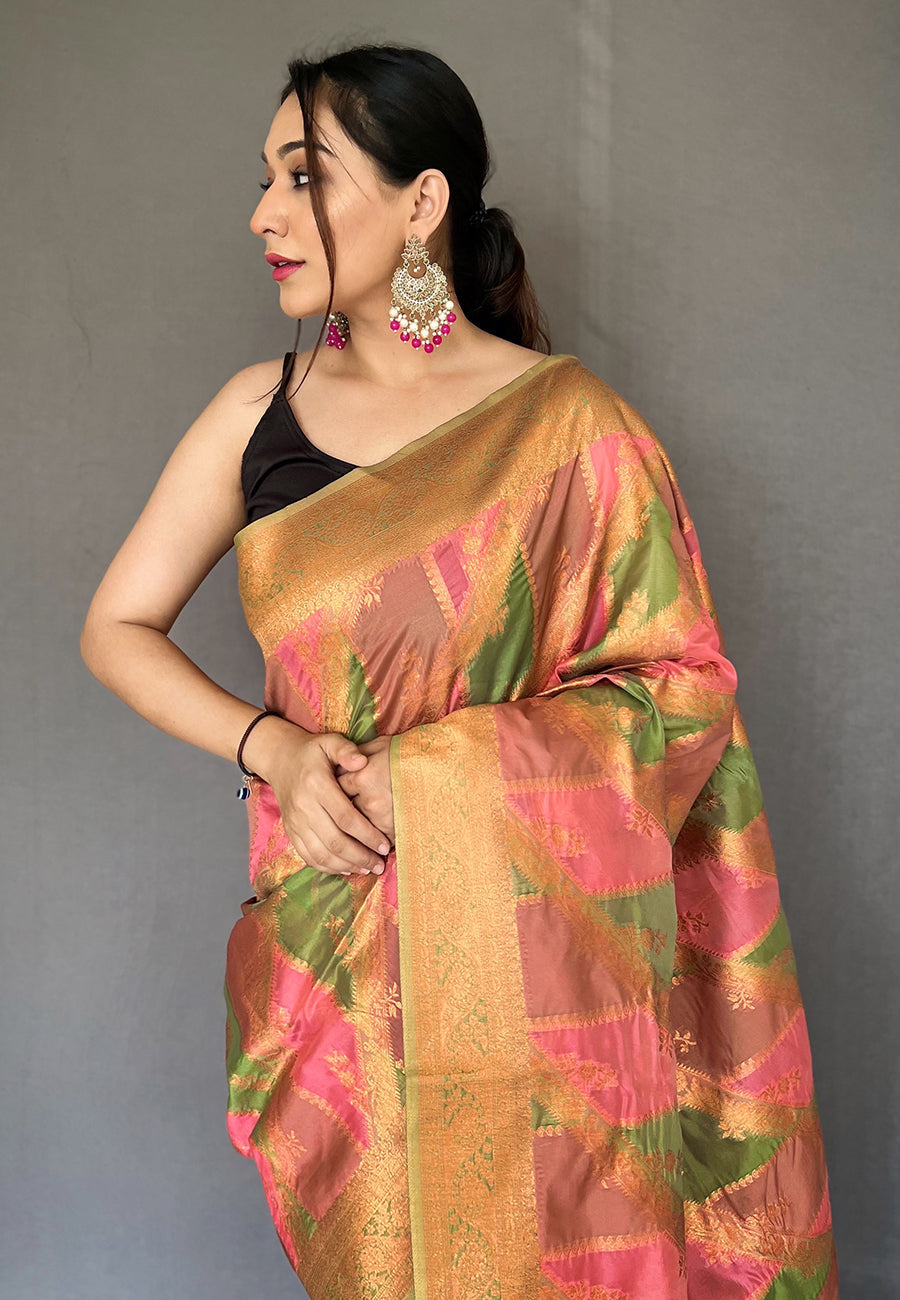 Japonica Pink Copper Zari Woven Organza Saree