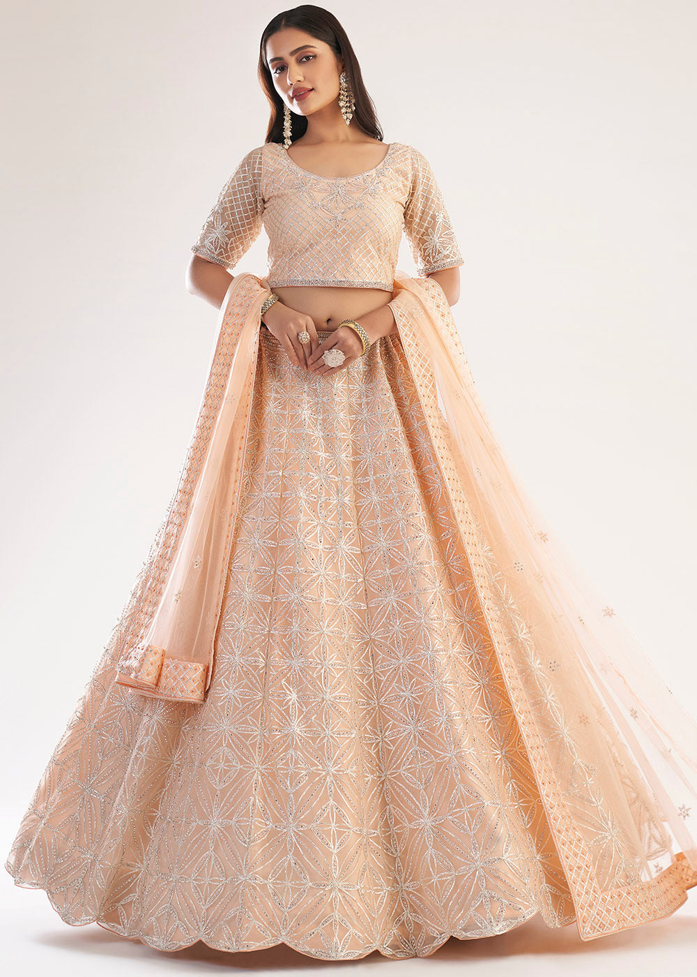 Manhattan Peach Net Designer Lehenga Choli