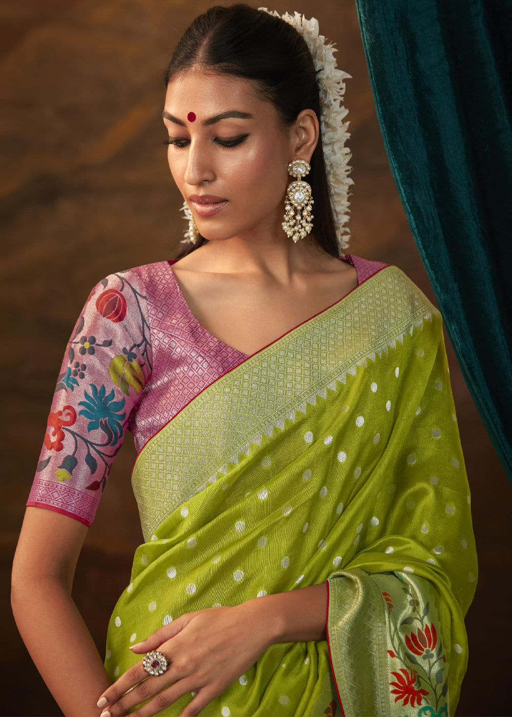 Alpine Green Woven Paithani Banarasi Soft Silk Saree