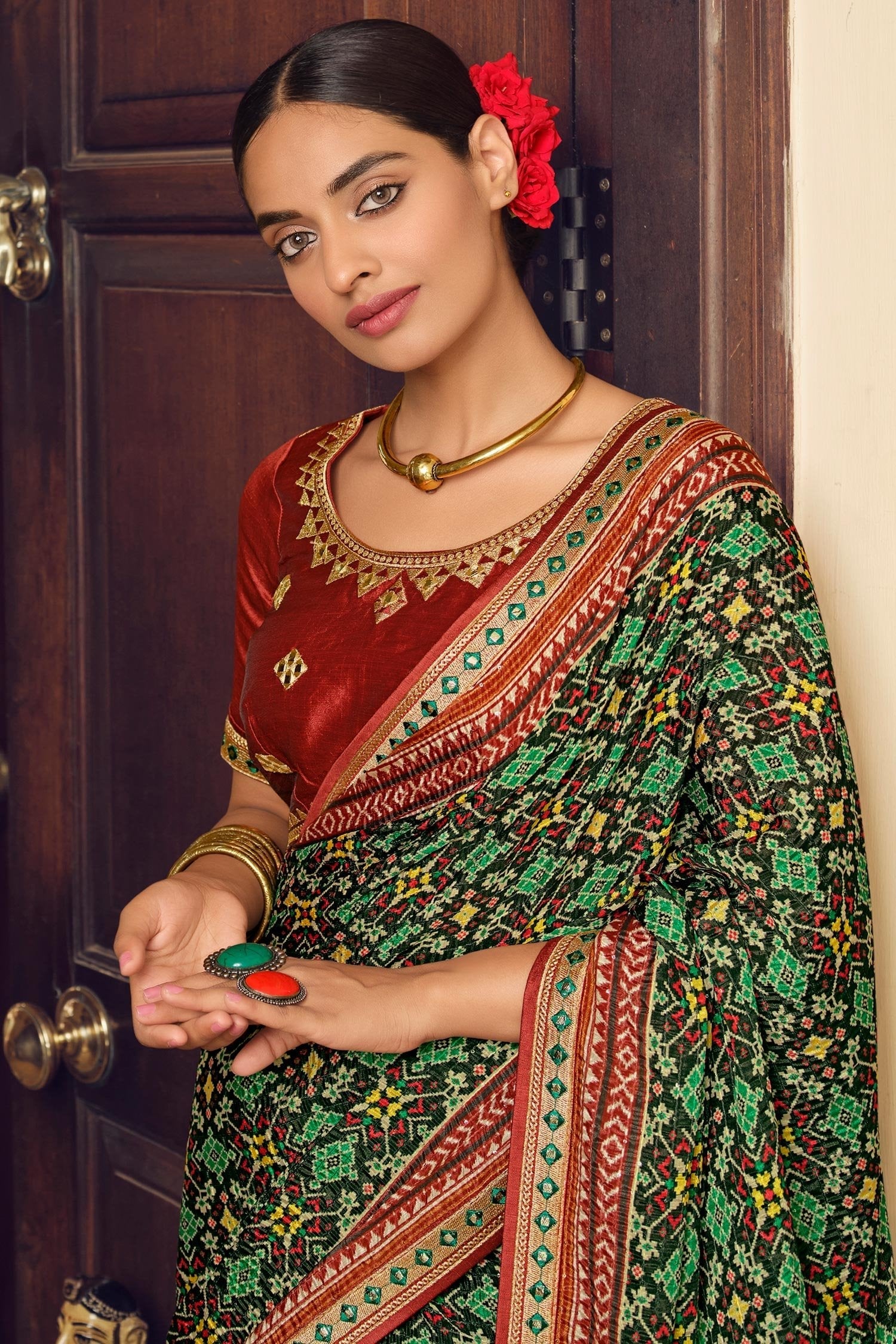 Chalet Green Patola Printed Saree