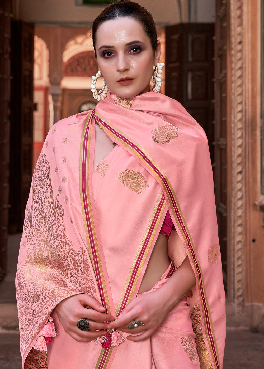 Sea Pink Woven Satin Silk Saree