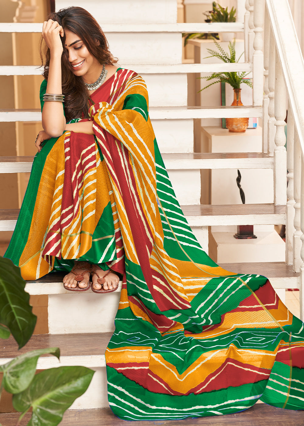 Witch Yellow Green and Red Cotton Saree With Leheriya Print