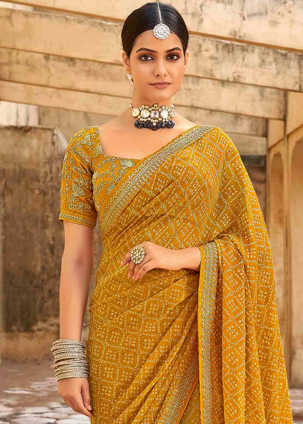 Rajah Yellow Georgette Leheriya Printed Saree with Embroidered Blouse