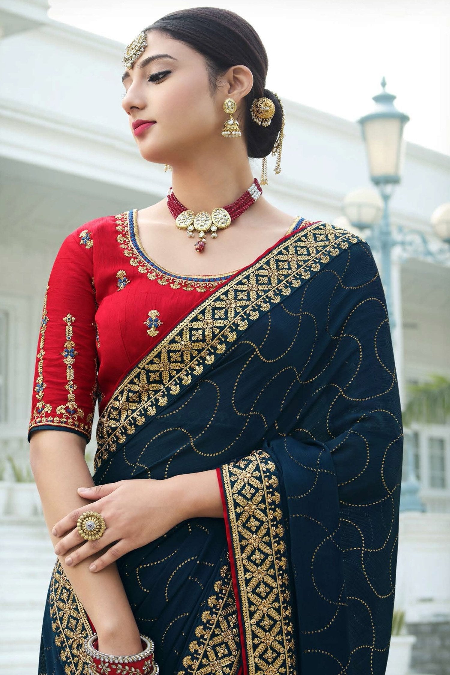 Firefly Blue and Red Chiffon Stone Work Saree