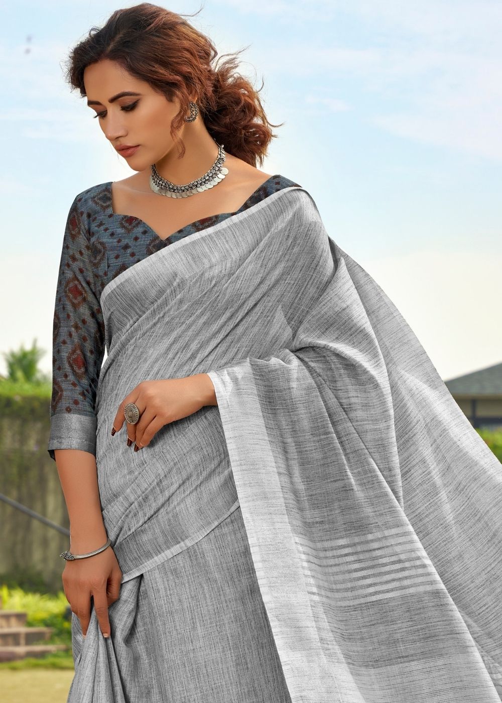 Silver Grey Soft Linen Silk Saree