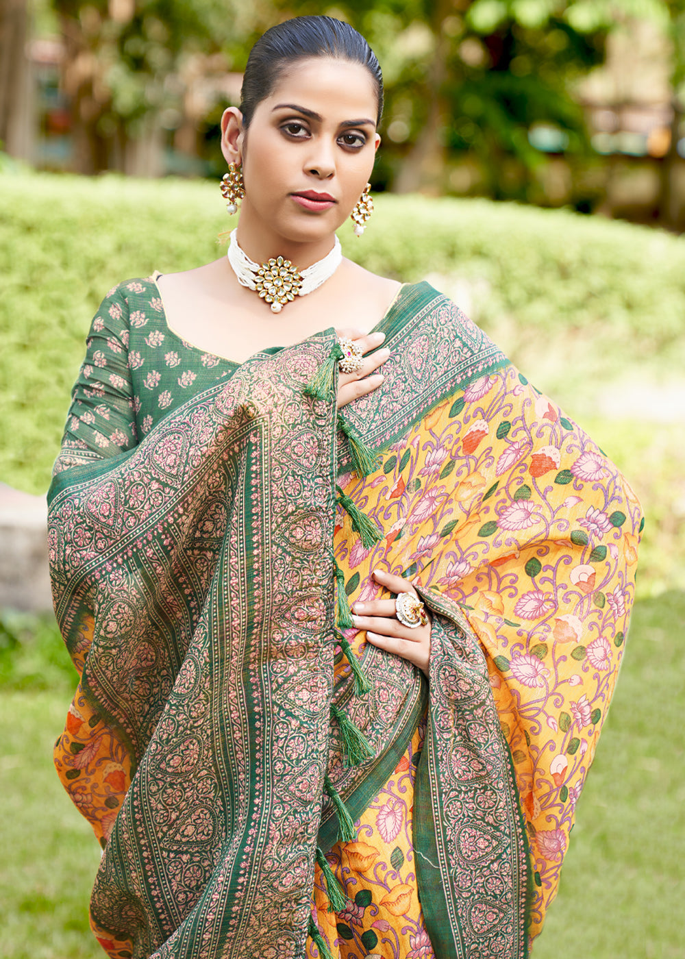 Sunset Yellow Linen Kalamkari Digital Print Saree