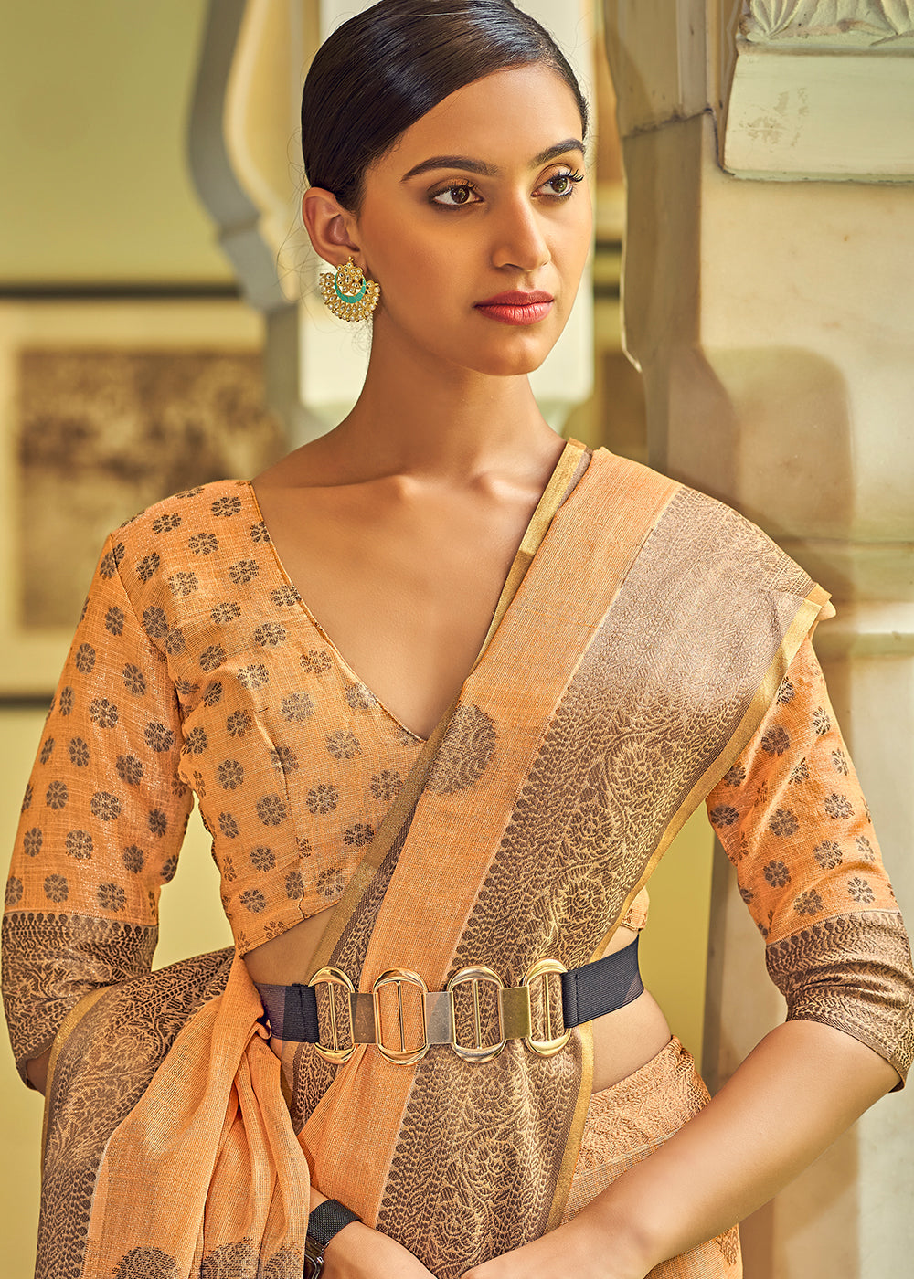 Rajah Orange Linen Silk Saree