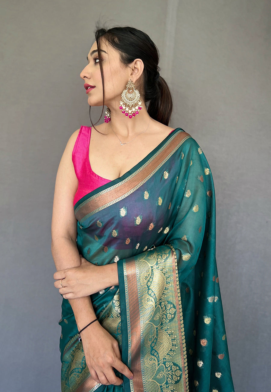 Metallic Green  Zari Woven Organza Silk Saree