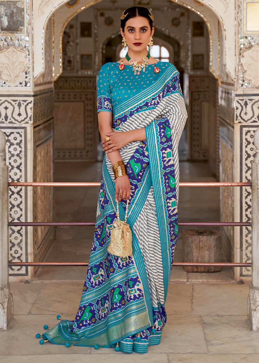 Geyser White and Blue Cotton Patola Printed Saree