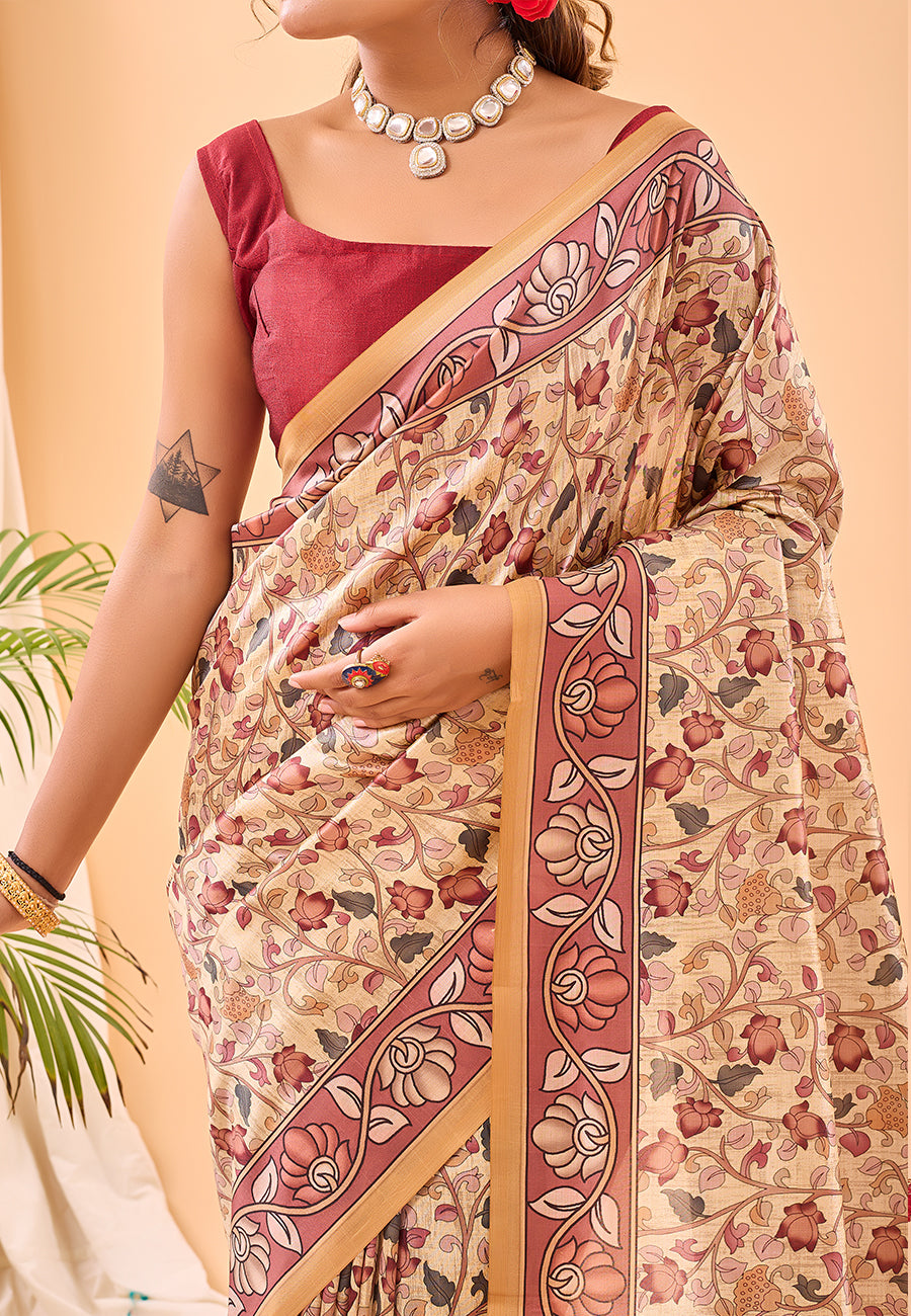 Tacao Yellow Floral Kalamkari Printed Saree