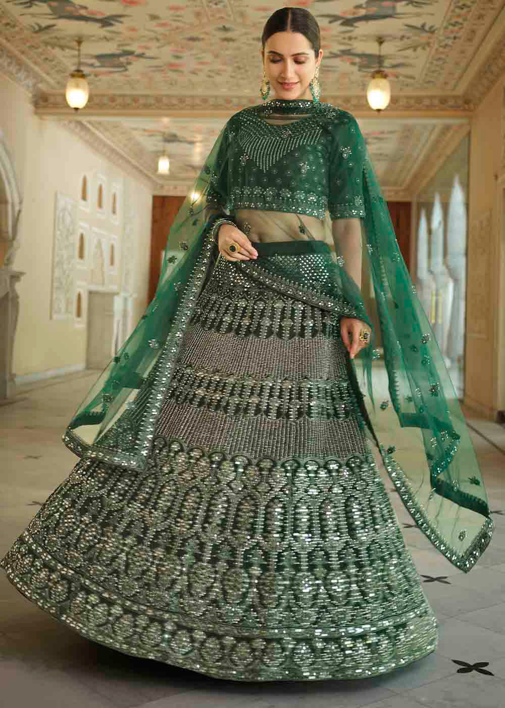 Leather Jacket Green Soft Net Lehenga Choli