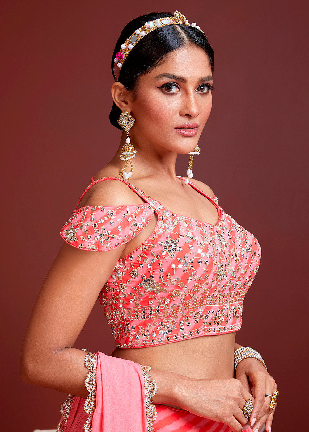 Froly Pink Lehariya Printed Organza Silk Lehenga Choli